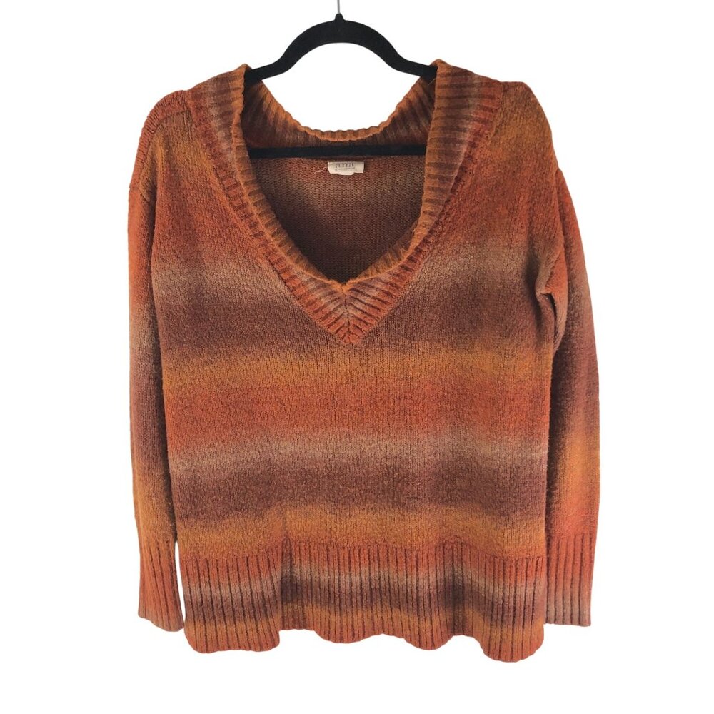 Ana Womens V-Neck Gradient Stripe Sweater Oversized Orange Brown M